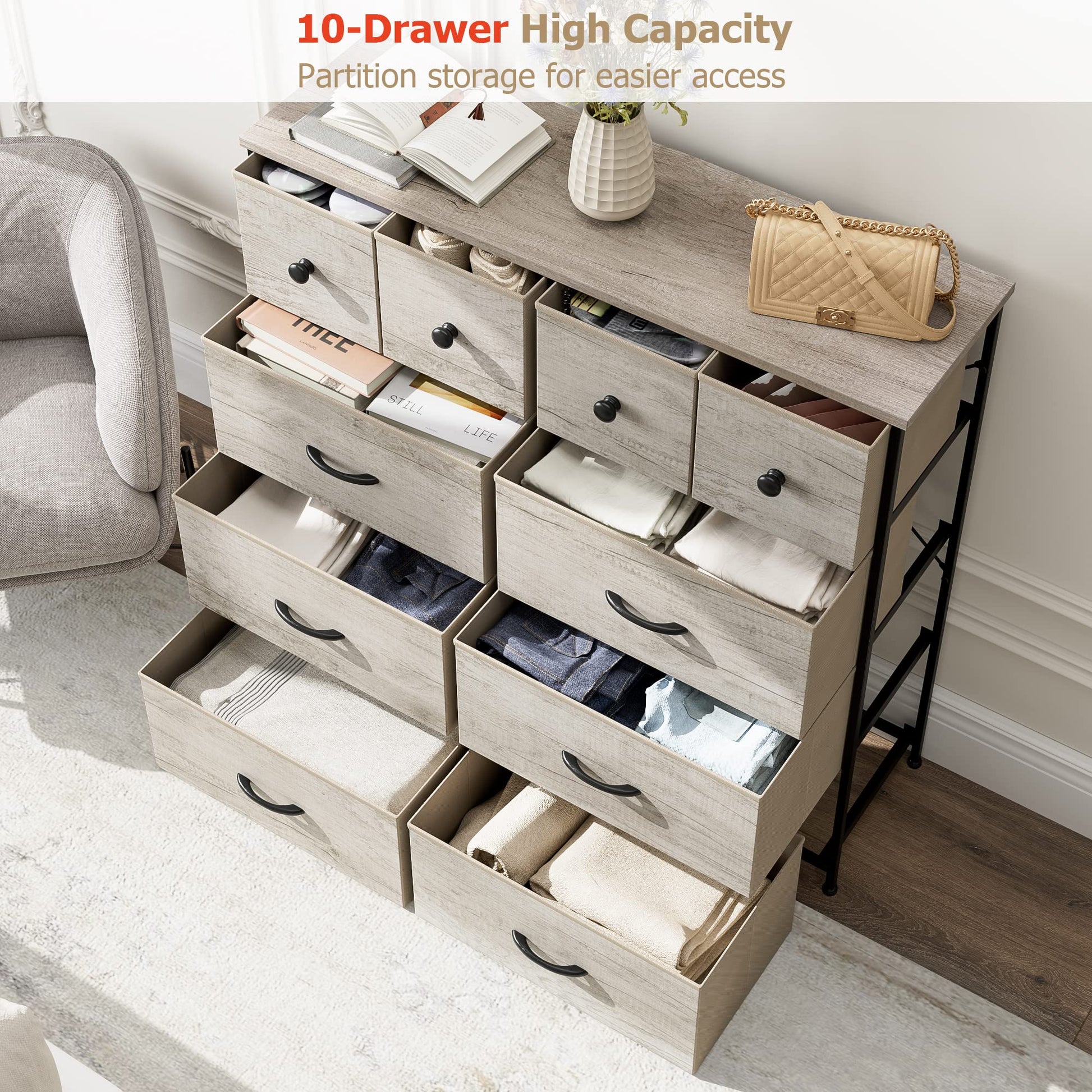 Nicehill Dresser for Bedroom with 10 Drawers, Storage Drawer Organizer, Tall Chest of Drawers for Closet, Living Room, Hallway, Entryway, Fabric Drawers (Light Wood Grain) - WoodArtSupply