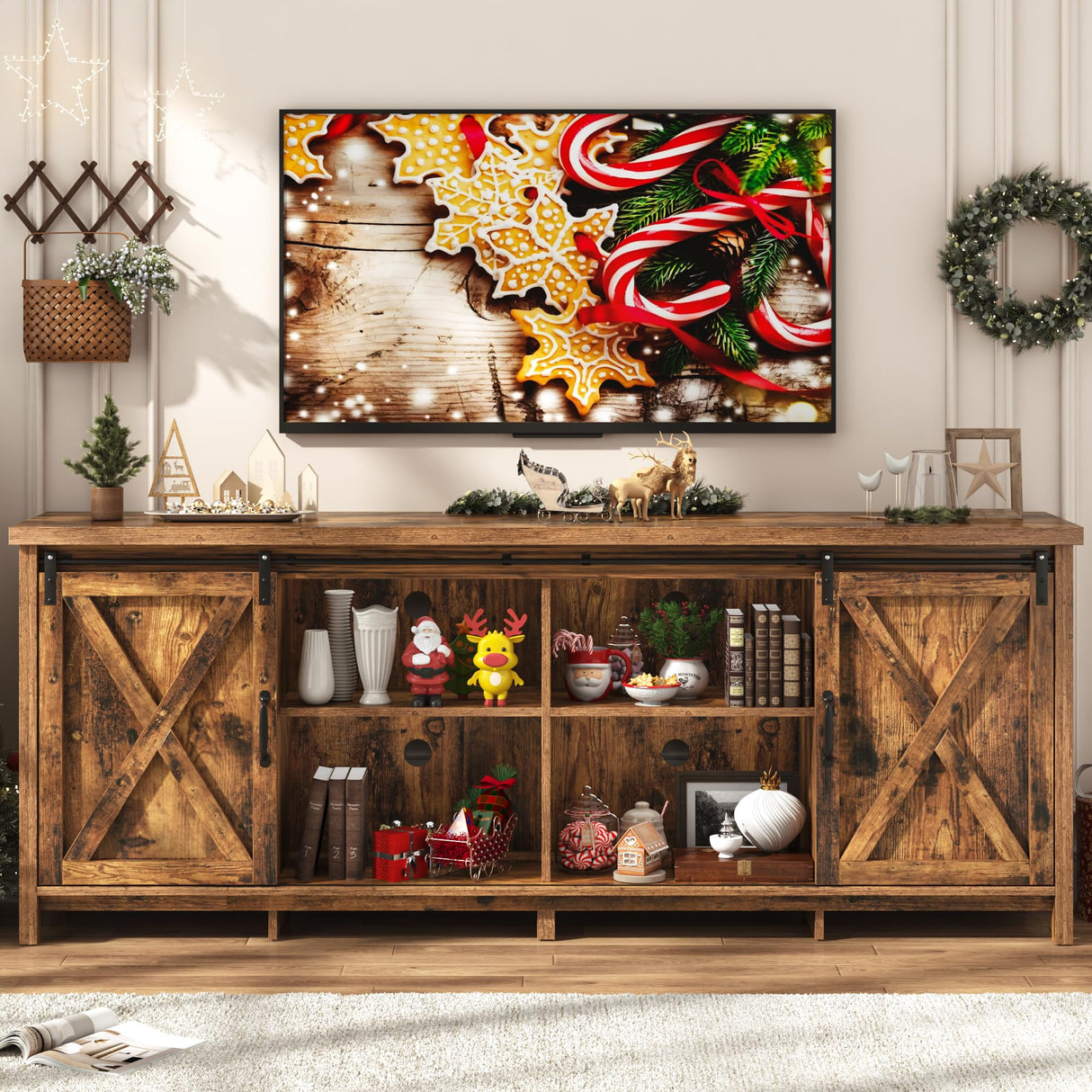 Farmhouse TV Stand for 80 Inch TV with Sliding Barn Door, Rustic Wood Entertainment Center Large Media Console Cabinet Long Television Stands,Console Table and Media Furniture for Living Room(Brown) chartustriable