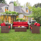 AECOJOY 7 Pieces Patio Furniture Set with Two Storage Boxes, Outdoor Wicker Sectional Sofa, All-Weather Rattan Conversation Set for Garden, Backyard, Red Cushion&Brown Rattan AECOJOY
