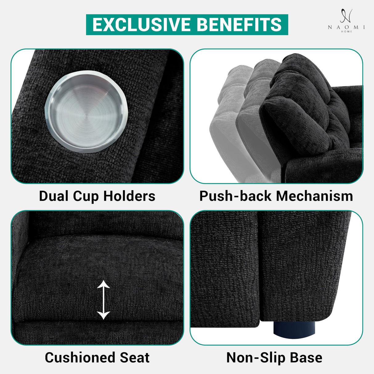 Naomi Home Suri Kids Recliner Loveseat with Cup Holders & Footrests, Black Chenille - Cozy 2-Seater Lounge for Children Naomi Home