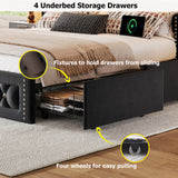 Ailisite Full Size Bed Frame with 4 Storage Drawers,Velvet Upholstered Full Platform Bed with Charging Station and Bookcase Storage Headboard, Led Full Bed Frame, No Box Spring Needed,Black Ailisite