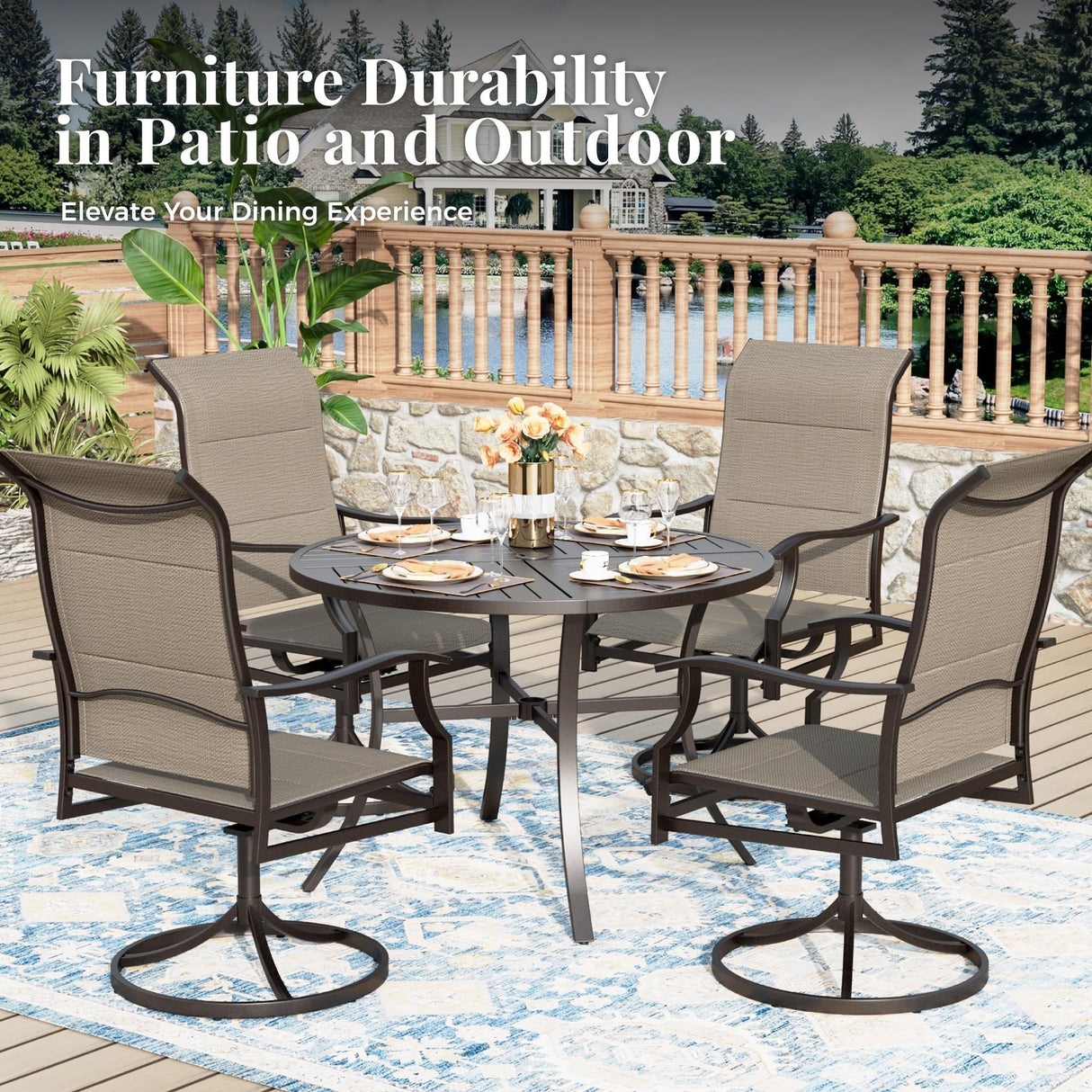 MIXPATIO 5 Pieces Patio Dining Set, Outdoor Table and Chairs, 4 x Textilene Swivel Dining Chairs and 42" Round Black Table, with 1.57" Umbrella Hole, for Cozy Garden Settings, Grayish Brown MIXPATIO