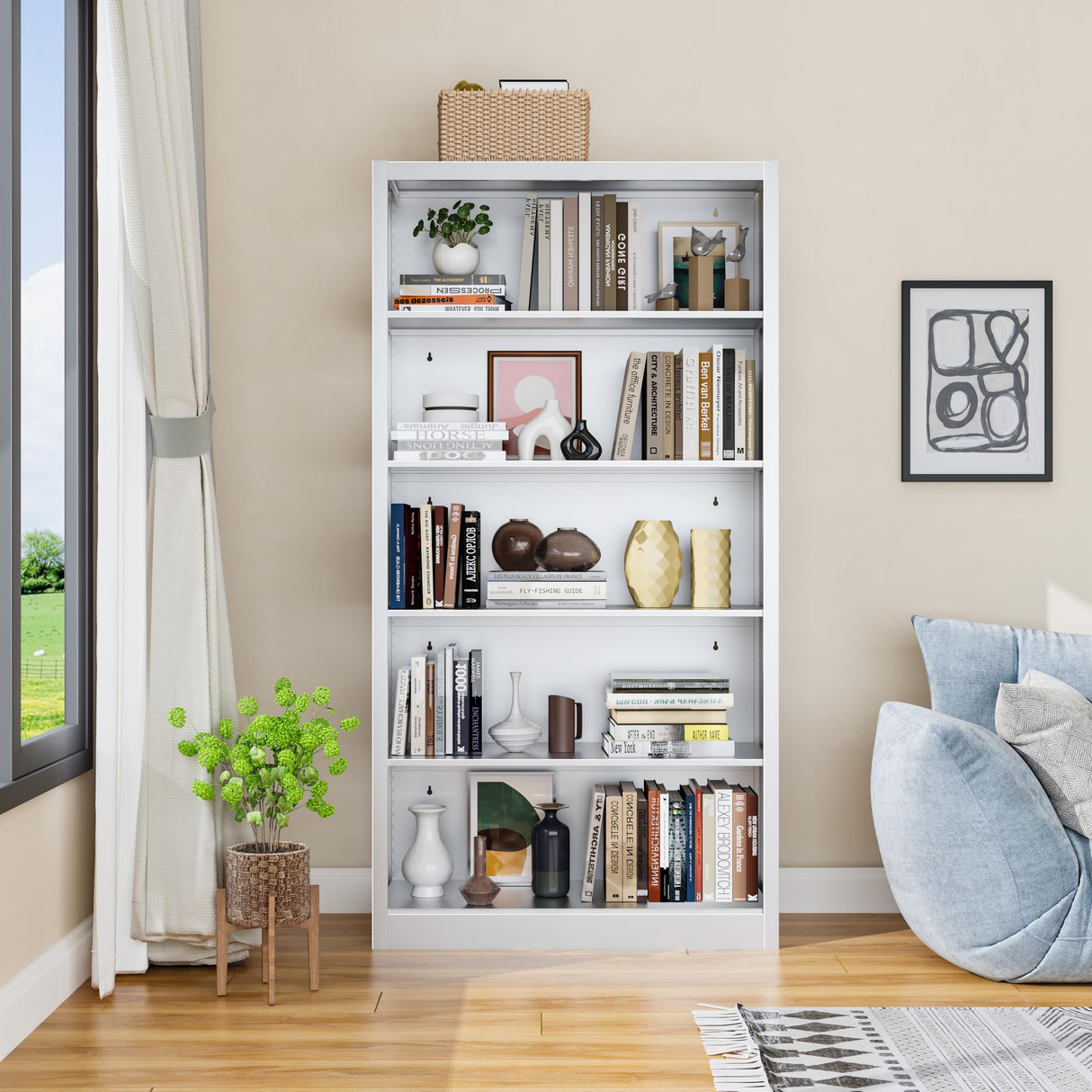 VASAAOSD 66" Tall Metal Bookcase, 5 Shelf White Bookcase with Adjustable Shelves, Large Bookshelves and Bookcases, Modern Book Shelf Storage Organizer for Living Room, Home Office, Library VASAAOSD