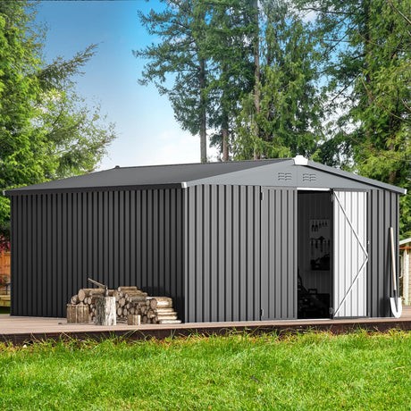 AECOJOY Shed 12' x 12' Storage Shed, Outdoor Storage Sheds & Outdoor Storage 12' x 12' with Lockable Doors, Large Steel Yard Shed, Utility and Tool Storage for Garden, Patio, Outside use in Dark Grey AECOJOY