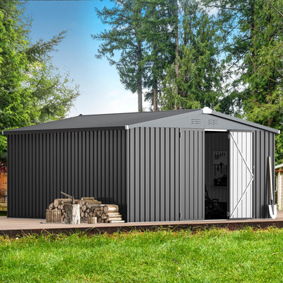 AECOJOY 12' x 12' Outdoor Storage Shed, Dark Grey Large Metal Sheds & Outdoor Storage Clearance Steel Yard Shed with Lockable Doors, Utility and Tool Storage Garden Shed for Backyard