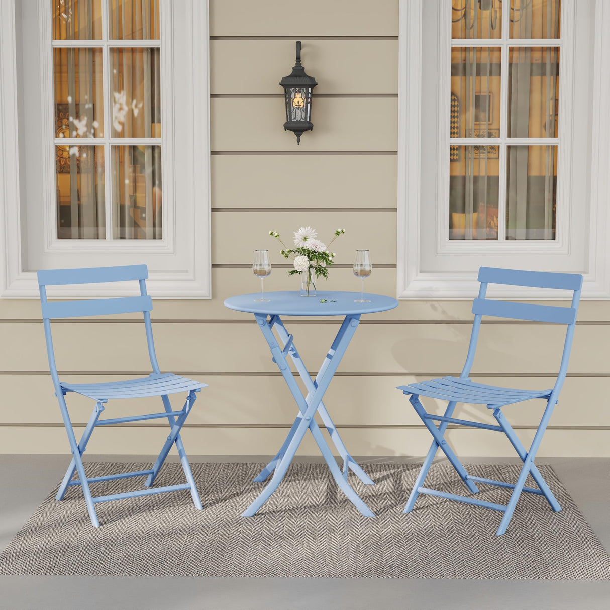3 Piece Bistro Set Outdoor Indoor, Folding Bistro Table and Chairs Set of 2, Waterproof Patio Furniture for Balcony Porch Apartment Garden(Blue) Garvee