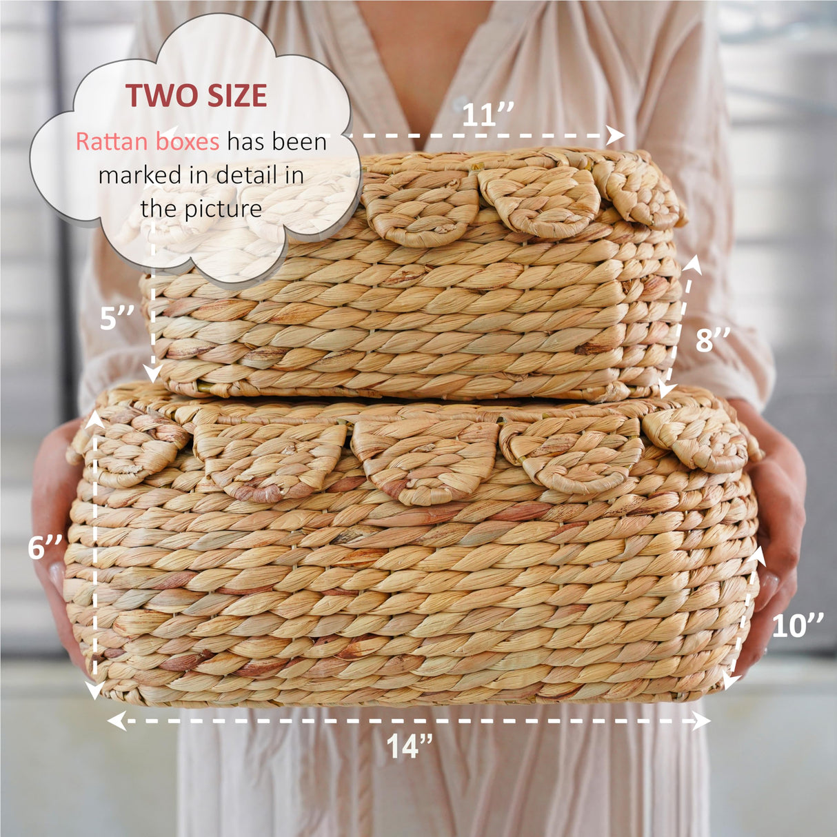 LUSYDECO Set of 2 Hand Round Wicker Storage Baskets with Lid, Rattan Basket Decorative Boxes, Woven Storage Box Hyacinth Basket with Lids, Scalloped Edge Wicker Basket with Lid LUSYDECO