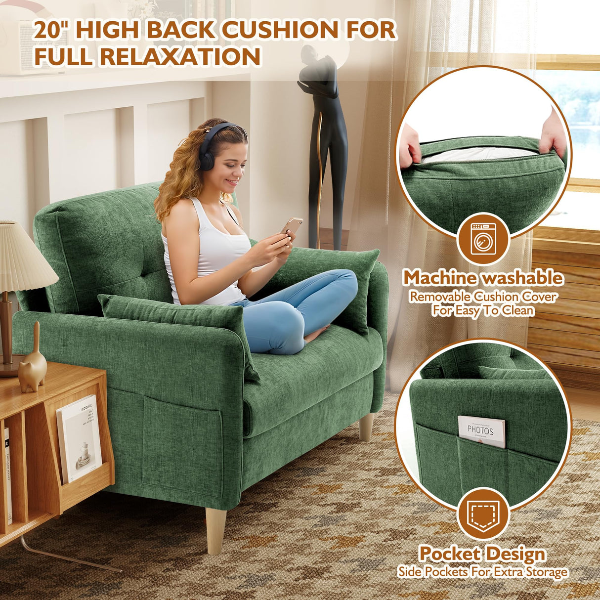 Urhanherry 47" Small Sofa Couch for Bedroom, Soft Chenille loveseat Mini Couch with Throw Pillow and Removable Cushion Cover for Small Spaces, Living Room, Apartment, Dorm, Office(Green) Urhanherry