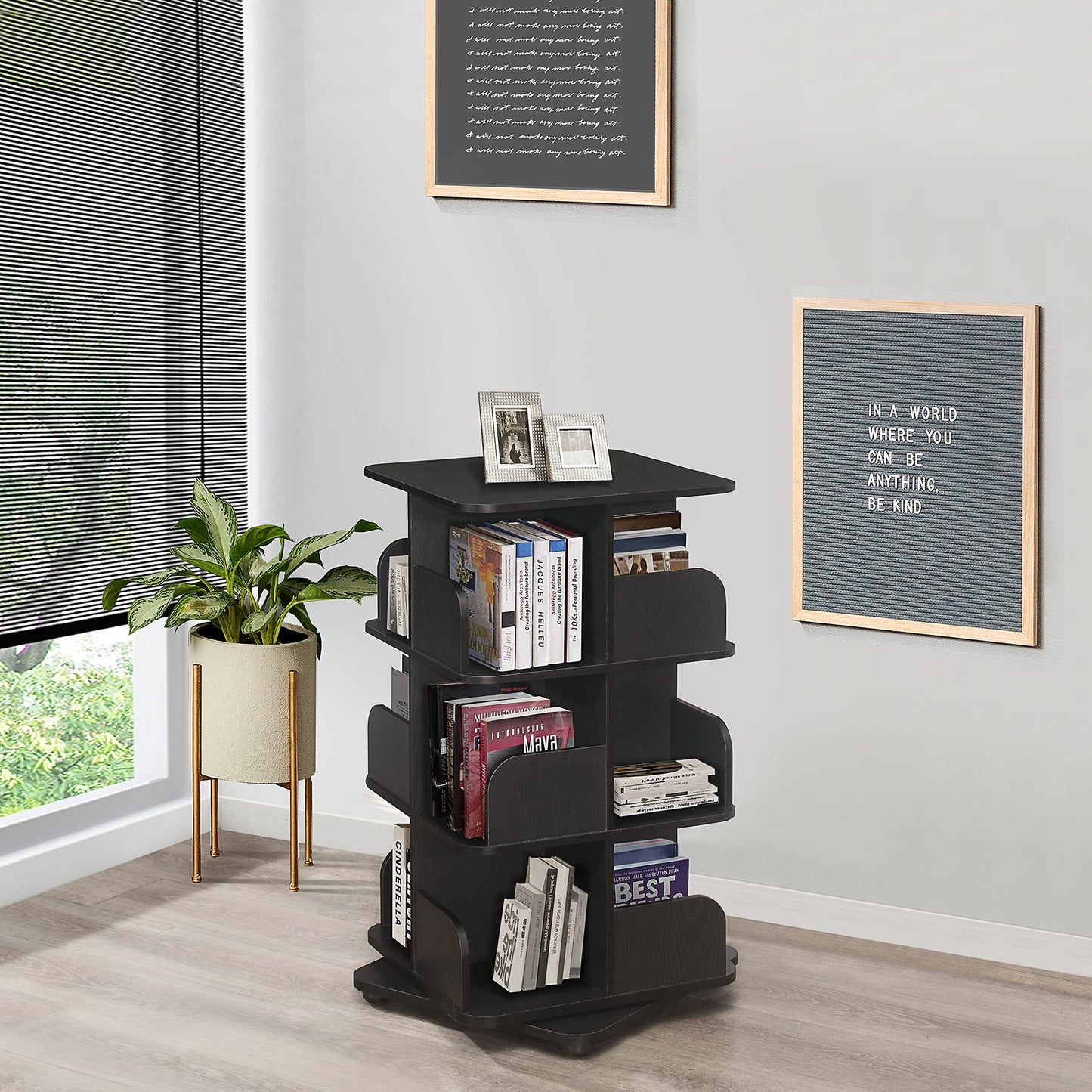 Kings Brand Furniture - Stylish Black 3-Tier Revolving Bookcase and Media Storage Unit - WoodArtSupply