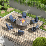 RTDTD 7 Pieces Patio Furniture Set with Round Fire Pit Table, Outdoor Conversation Sets 6 Chairs with Upgrade Cushions for Patio, Backyard Dark Blue RTDTD