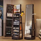 HNEBC 360° Swivel Jewelry Armoire with Mirror, LED Mirror Jewelry Cabinet Standing, Full Length Mirror with Jewelry Storage, Standing Jewelry Organizer/Lockable Wheels/Foldable Makeup Shelf (Brown) HNEBC