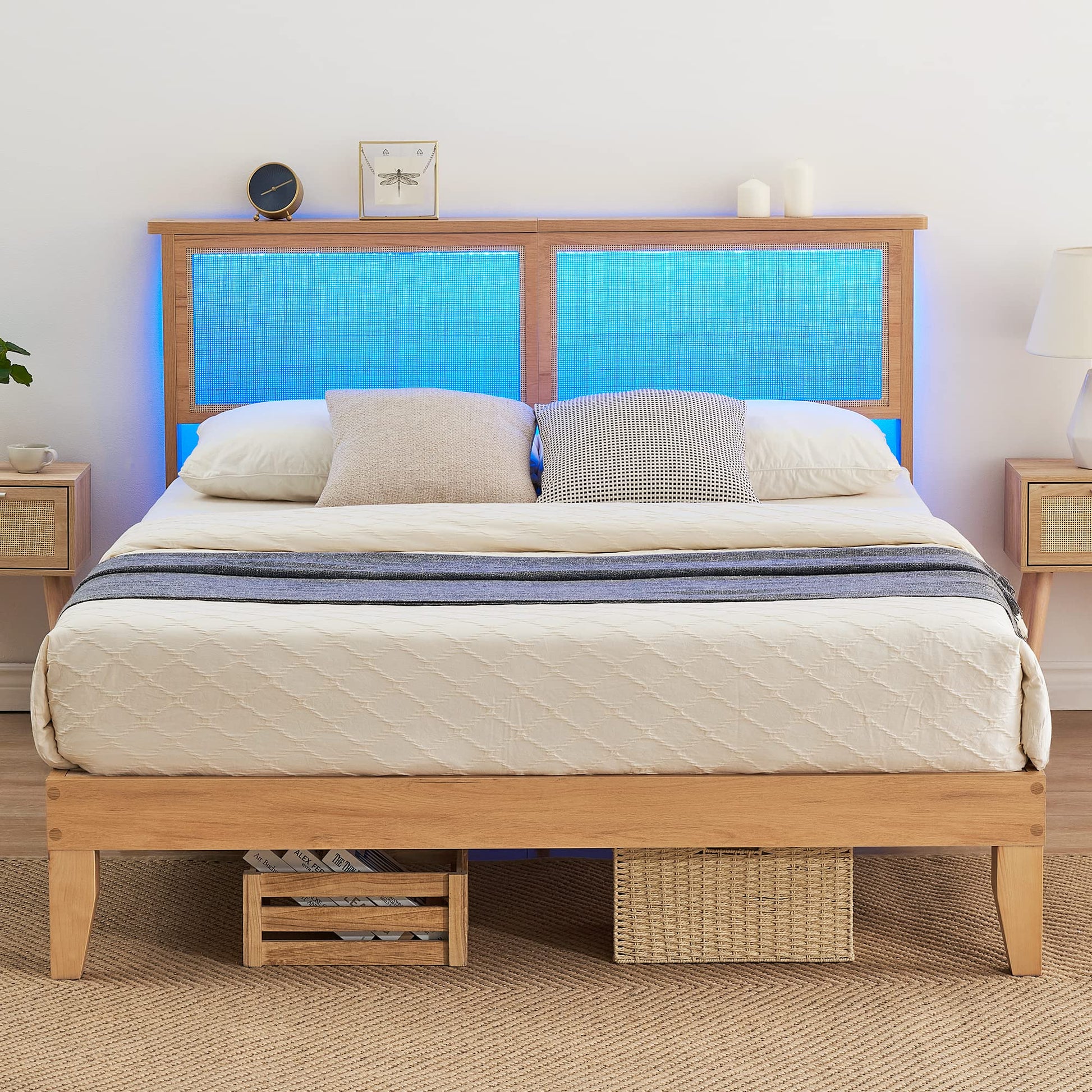 Queen Platform Bed Frame with Natural Rattan Headboard and Storage - IDEALHOUSE - WoodArtSupply