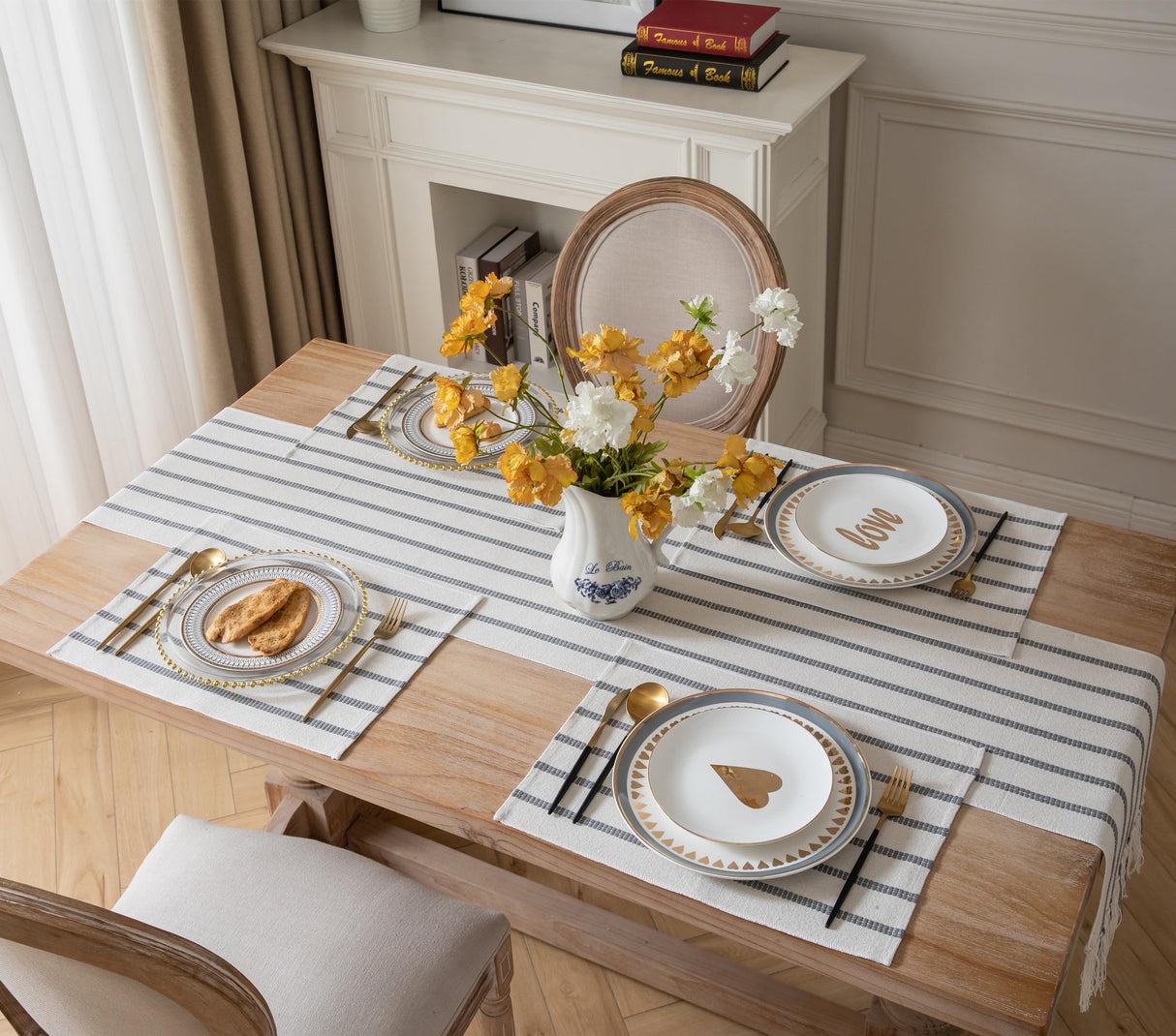 Caflife Boho Farmhouse Placemats Set of 6, Grey Stripes Cotton Linen Woven Table Mats for Modern Dining Table, 13x19 Inch Rustic Kitchen Decor Place Mats Caflife