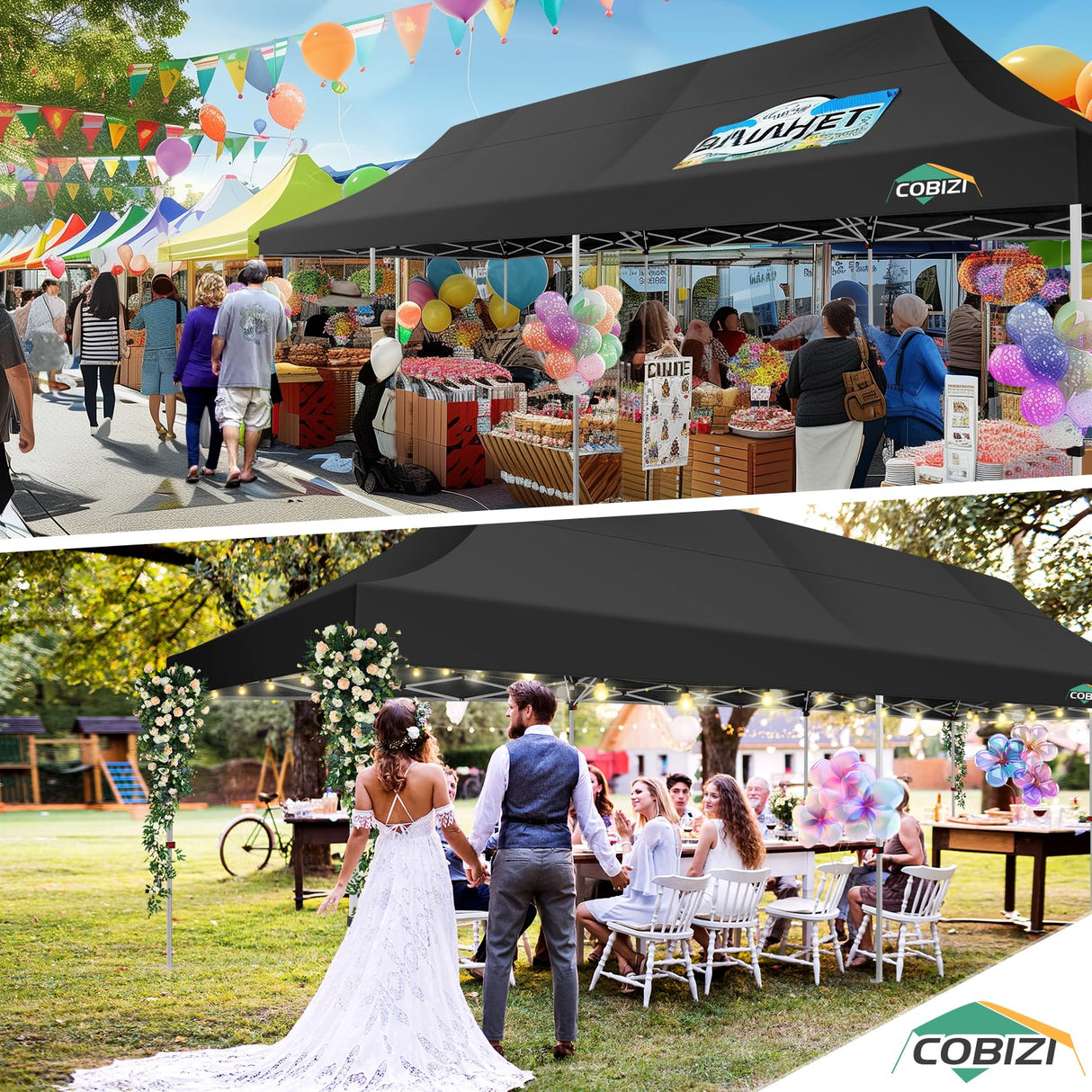 COBIZI 10x30 Pop Up Canopy Tent with 8 Removable Sidewalls Ez Pop Up Party Tent 10x30 Waterproof Instant Shelter UPF50+ Outdoor Canopy Tent for Parties Wedding Events,with Roller Bag&4 Sandbags,Black COBIZI