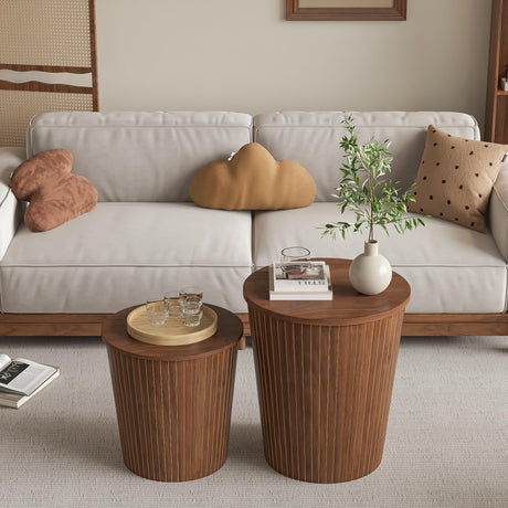 Nesting Coffee Table Set of 2, Round End Table with Storage, Farmhouse Side Table with Removable Wood Tops and Wood Basket Bases for Blanket Storage, Modern Coffee Table for Living Room (Walnut) Lisicues
