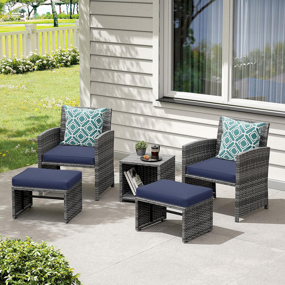 OC Orange-Casual 5 Piece Patio Furniture Set, Wicker Outdoor Conversation Chair and Ottoman Set with Coffee Table, Pillows Included, for Balcony, Porch, Deck, Navy Blue OC Orange-Casual