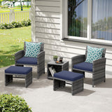 OC Orange-Casual 5 Piece Patio Furniture Set, Wicker Outdoor Conversation Chair and Ottoman Set with Coffee Table, Pillows Included, for Balcony, Porch, Deck, Navy Blue OC Orange-Casual