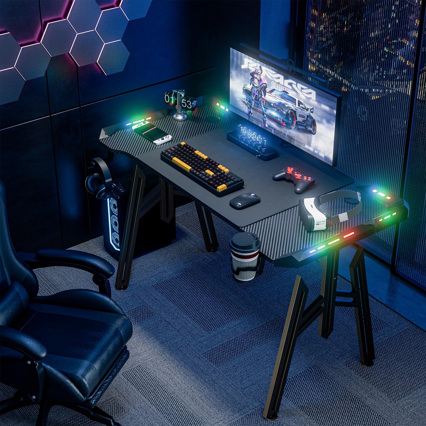 WEMUZVIU Gaming Desk with LED Lights - Ergonomic RGB Gaming Computer Table, 55 inch Carbon Fiber Surface Computer Desk PC Workstation with Cup Holder & Headphone Hook - WoodArtSupply