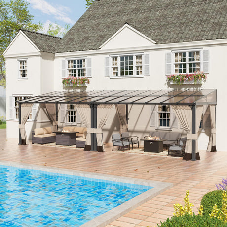 Kullavik 10' × 28' Hardtop Gazebo for Patio,Wall-Mounted Lean to Gazebo Pergola with Sloping Roof and Durable Aluminum Frame,Large Heavy Duty Awnings for Decks,Backyard,Sand Kullavik