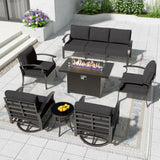 Trumbeak Aluminum Patio Furniture Set with 55,000 BTU Propane Fire Pit Table,7 Seats Metal Modern Outdoor Furniture w/5.1" Cushions,Patio Sectional w/Swivel Chairs for Patio,Backyard,Black Trumbeak