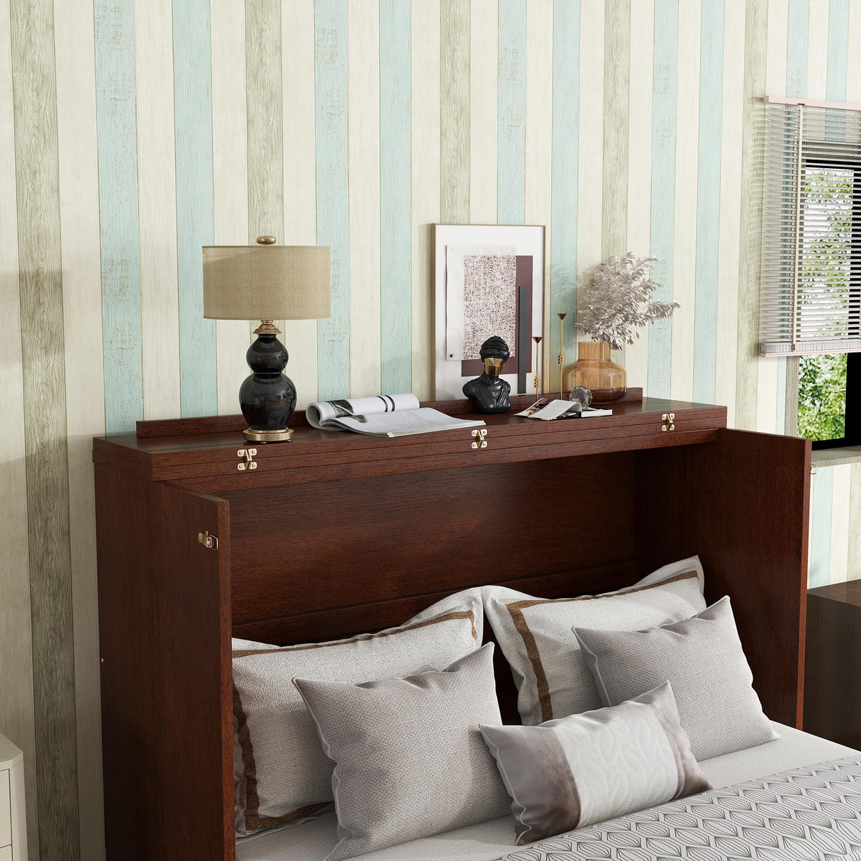 Ball & Cast Hideaway Cabinet Bed Queen Size,Wood Rattan Murphy Bedframe with Storage Drawer,Wall Platform can be Folded up,Space-Efficient Design,for Apartment,Bedroom,Walnut Ball & Cast