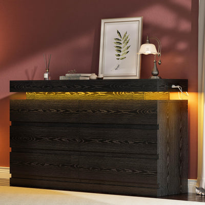 LIKIMIO 59" 6 Drawers Dresser for Bedroom, with LED & Power Strip, Large Wood Dressers & Chest of Drawers, Wide Storage Cabinet, Black