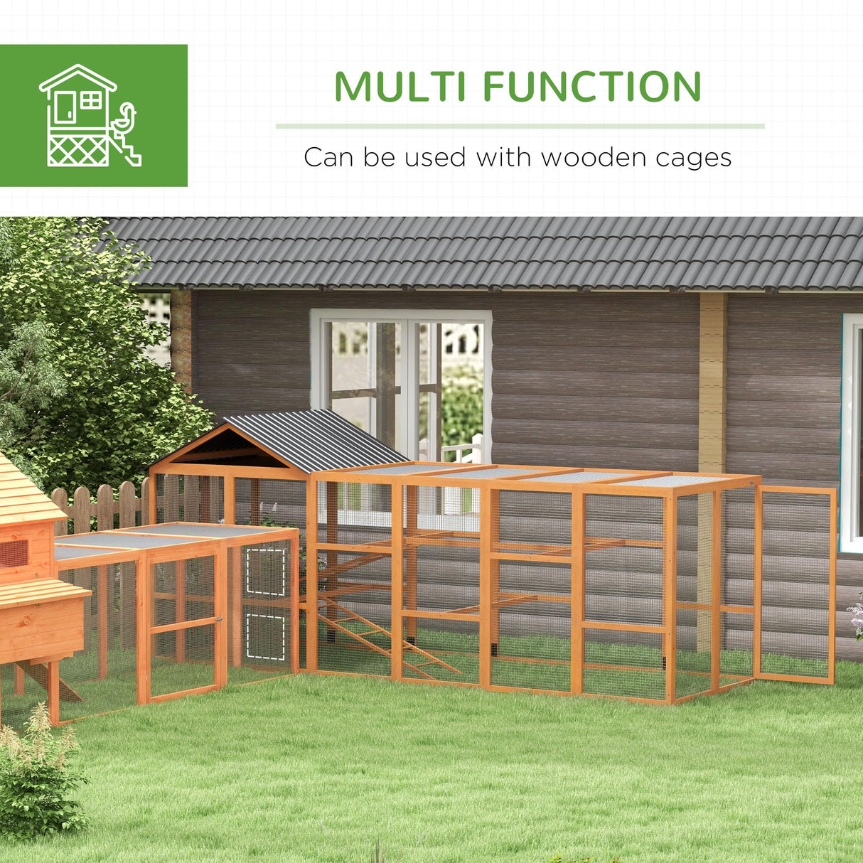 PawHut Wooden Chicken Coop Run for 6-10 Chickens, Hen House Add-On with Storage, Perches, 141.75" x 48" x 61", Orange PawHut