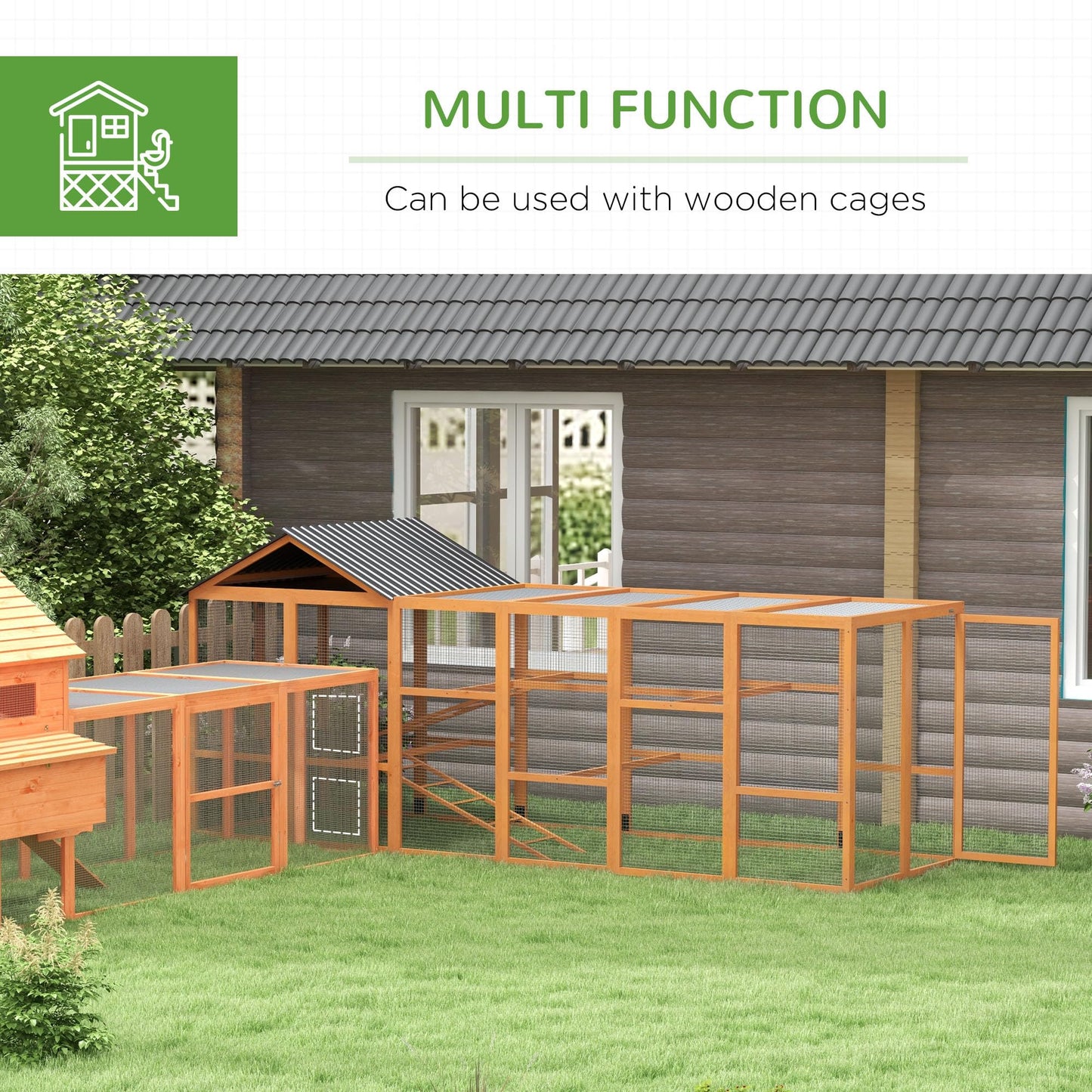 PawHut Wooden Chicken Coop Run for 6-10 Chickens, Hen House Add-On with Storage, Perches, 141.75" x 48" x 61", Orange - WoodArtSupply