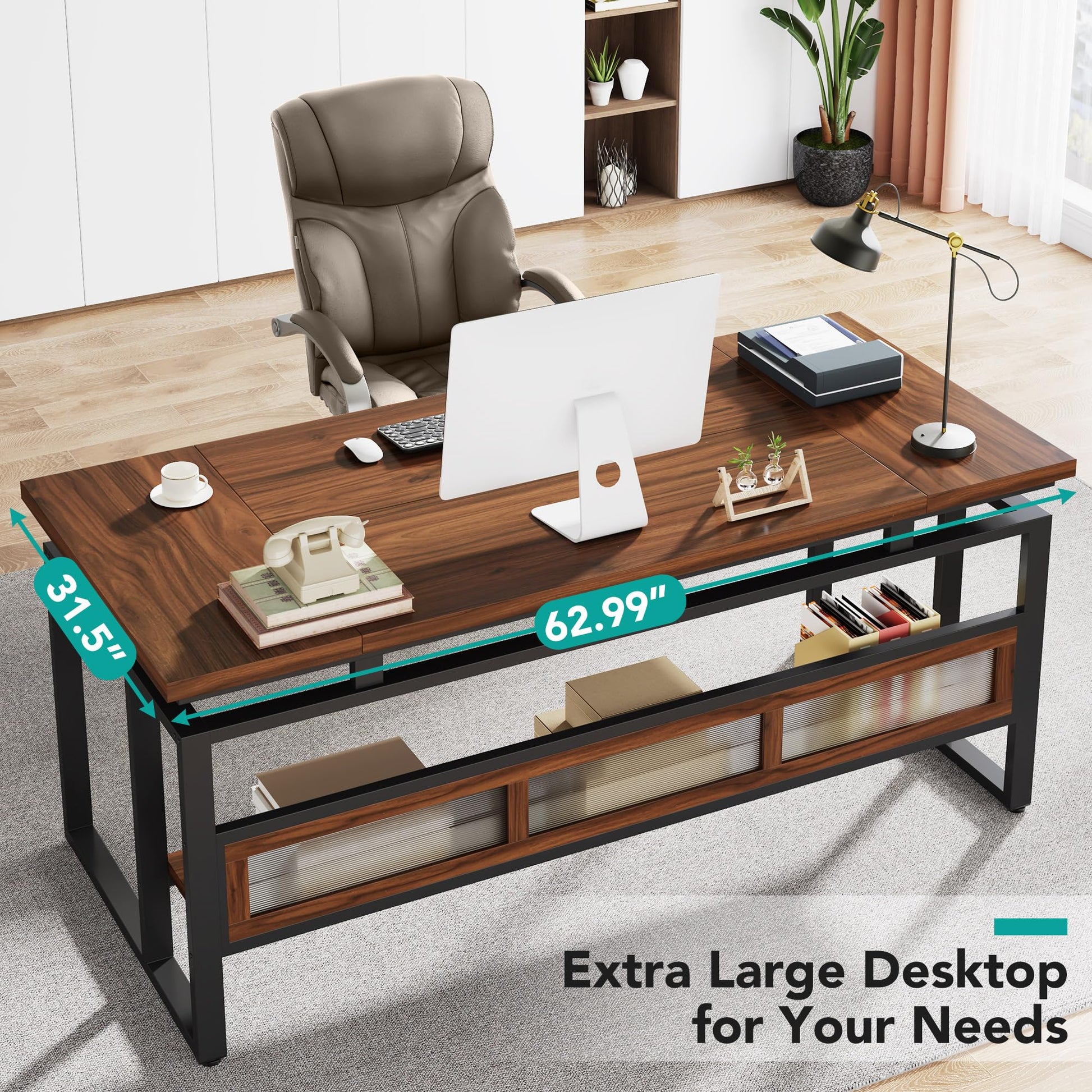 Tribesigns 63" Executive Desk with Bottom Hidden Shelf, Large Computer Desk Office Desk with Thickened Board and Frame, Workstation Writing Table for Home Office, Rustic Brown & Black - WoodArtSupply