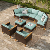 PHI VILLA 7-Piece Wicker Patio Furniture Set, Outdoor Half-Moon Curved Sectional Sofa with Thick Aqua Blue Cushions, 2 Ottomans, 2 Single Seats, Large Conversation Seating for Garden or Backyard PHI VILLA