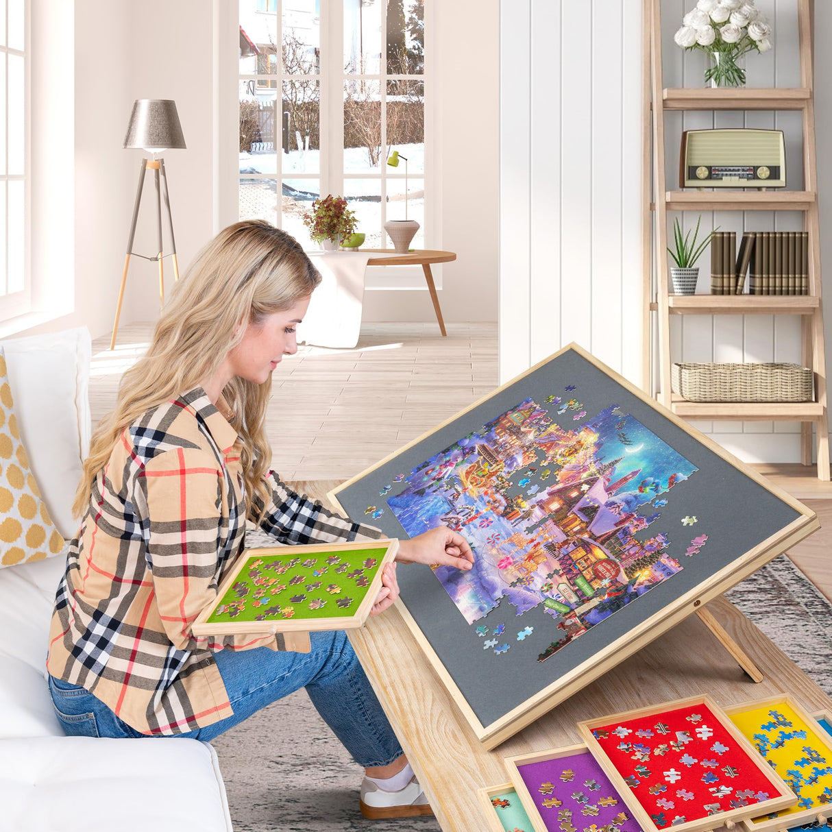 Lavievert 2-in-1 Tilting & Rotating Puzzle Board with 6 Colored Drawers & Cover, Portable Jigsaw Puzzle Table for Adults, Wooden Swivel Puzzle Plateau with Non-Slip Tabletop for Up to 1500 Pieces LAVIEVERT