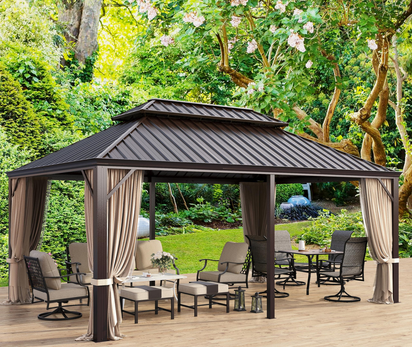 SUNSHINE VALLEY 12'x18' Hardtop Gazebo, Outdoor Aluminum Frame Gazebo with Galvanized Steel Double Roof, Patio Gazebo with Netting and Curtains for Deck, Backyard, Garden - WoodArtSupply