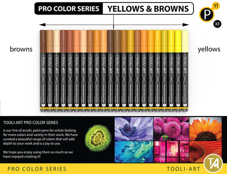 Acrylic Paint Pens 22 Yellow & Brown Tones Assorted Pro Color Series Markers Set 0.7mm Extra Fine Tip for Rock Painting, Glass, Mugs, Wood, Metal, Canvas, Projects, Non Toxic, Waterbased, Quick Drying TOOLI-ART