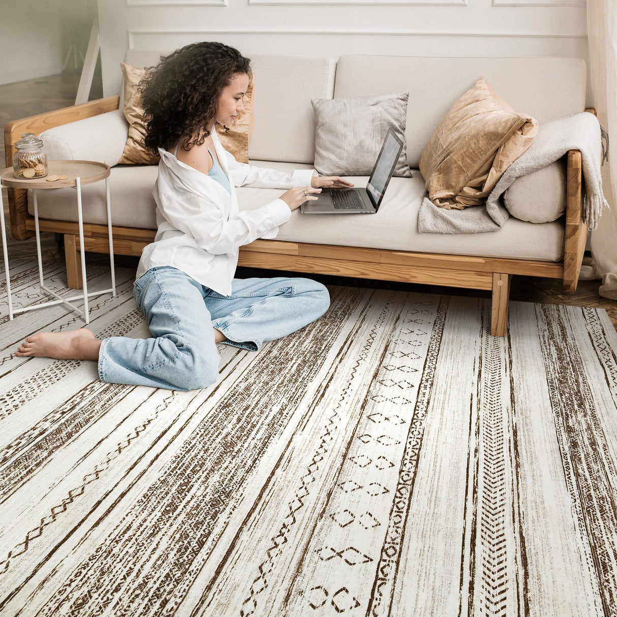 Tortania Area Rug Living Room Rugs - 5x7 Washable Large Soft Neutral Boho Moroccan Bohemian Farmhouse Rug Indoor Floor Carpet for Bedroom Under Dining Table Home Office Decor - Cream Brown Tortania