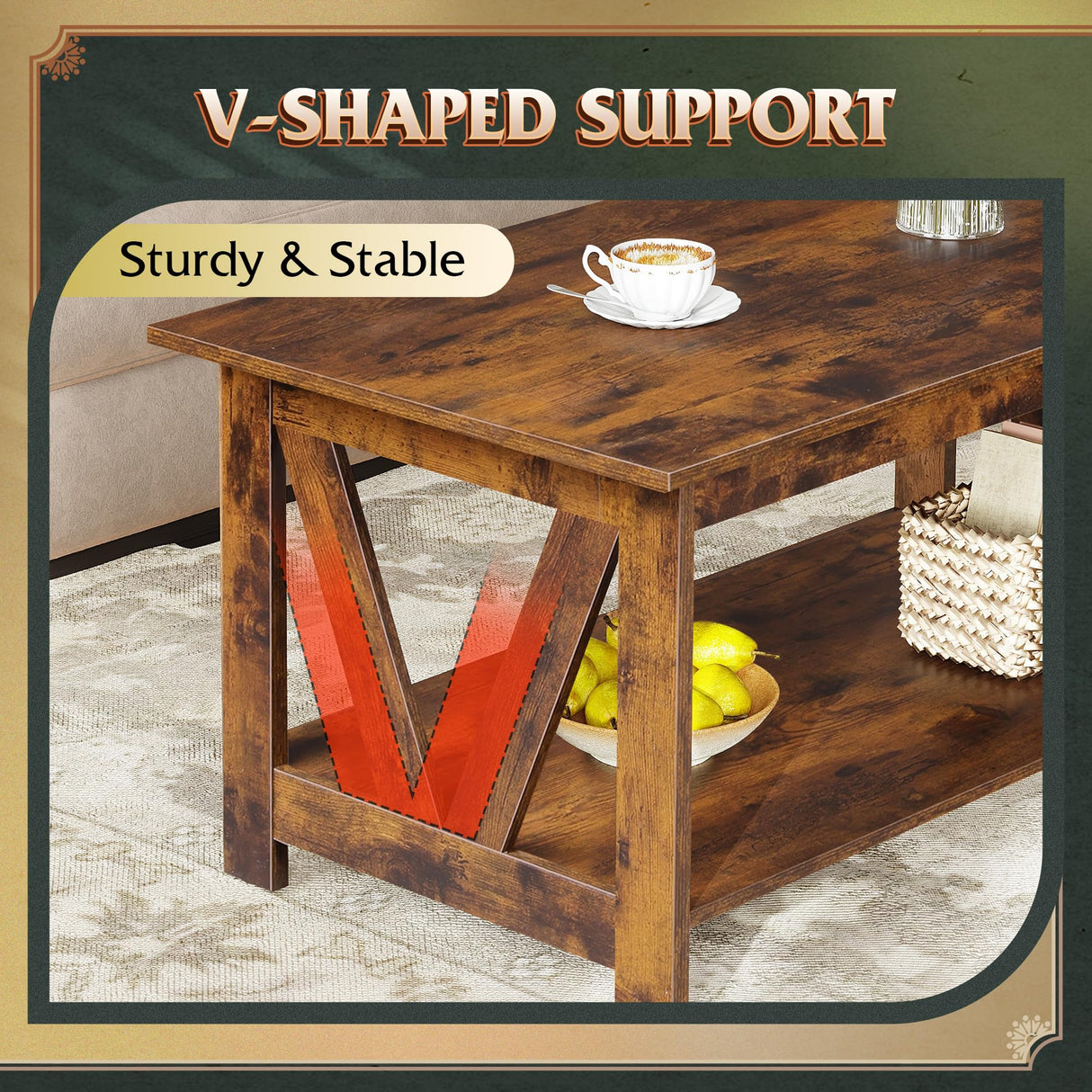 WLIVE Coffee Table with Storage Shelf, 39.4" Farmhouse Coffee Table with V-Frame Support, 2-Tier Wood Rustic Center Table for Living Room, Bedroom & Balcony, Rustic Brown WLIVE