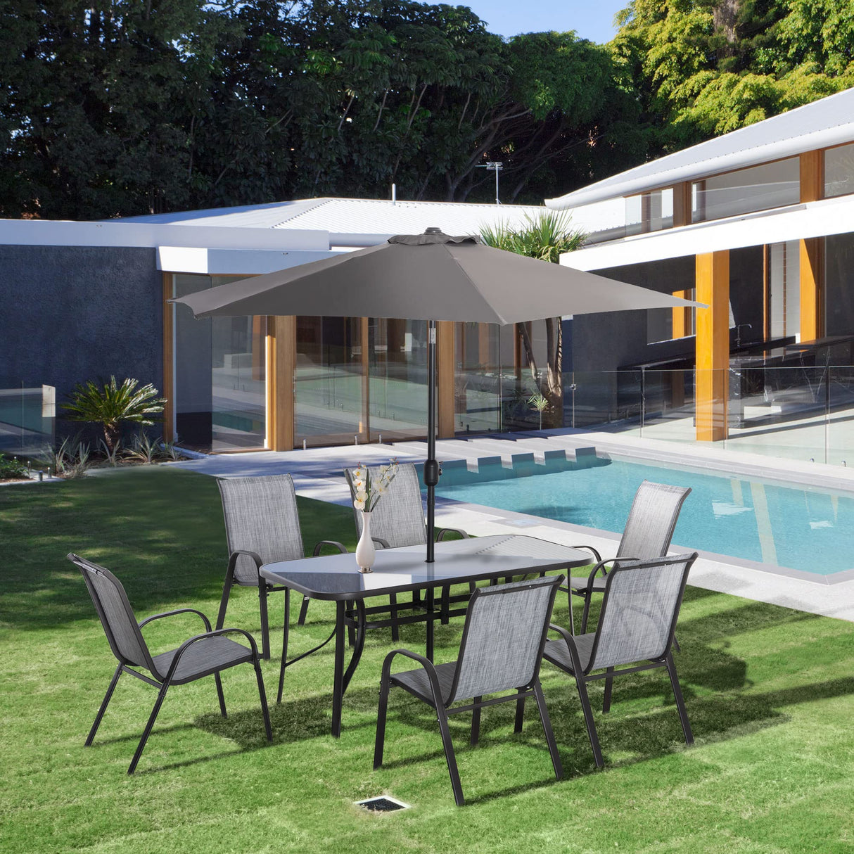 Outsunny 8 Pieces Patio Furniture Set with 9Ft Patio Umbrella, Outdoor Dining Table and Chairs, 6 Chairs, Push Button Tilt and Crank Parasol, Tempered Glass Top, Gray Outsunny