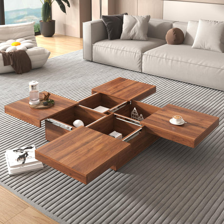 RuiSiSi Square Marble Veneer Coffee Table with Sliding Top and Storage Space, Solid Wood Coffee Table for Living Room, Walnut RuiSiSi