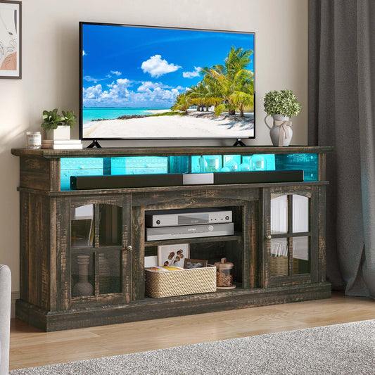 YITAHOME LED Farmhouse TV Stand for 75 Inch w/Outlets, Modern Entertainment Center with Glass Doors and Adjustable Storage Shelves, Media Console TV Cabinet for for Living Room, Dark Rustic Oak