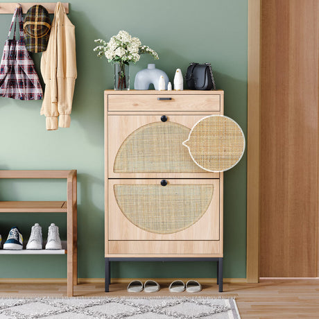 Yechen Shoe Rack Storage Organizer with 2 Natural Semi-Circular Rattan Doors, Entryway Wooden Shoe Cabinet for Sneakers, Leather Shoes, High Heels, Slippers (1 Piece, Oak) Yechen