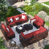 VONZOY Patio Furniture Set, 12-Piece Outdoor Sectional with Waterproof Cover, All-Weather Wicker Patio Conversation Sets for Backyard (Brown with Red Cushion) VONZOY