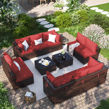 VONZOY Patio Furniture Set, 12-Piece Outdoor Sectional with Waterproof Cover, All-Weather Wicker Patio Conversation Sets for Backyard (Brown with Red Cushion) VONZOY