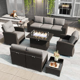 LayinSun 10 Pieces Patio Furniture Set with Fire Pit Table, Black Rattan Modular Sectional Outdoor Conversation Sofa Set, Swivel Rocking Chairs Set LayinSun