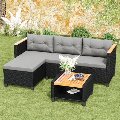 Green4ever 3-Piece Outdoor Patio Furniture Set, All-Weather PE Rattan Patio Sofa with Storage Table, L Shaped Outdoor Couch with Cushions, Small Patio Sectional for Balcony Garden, Grey