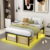 HusDream Queen Bed Frame Led Metal Platform Bed Frame Queen Size with Lights 14” Heavy Duty Bed Frame Lights Queen with Charging Station no Box Spring Needed(14 Inch, Queen (U.S. Standard)) HusDream