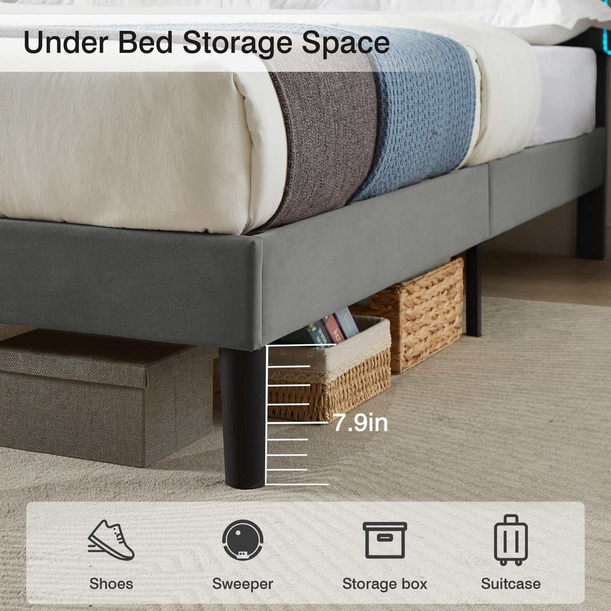 VECELO Upholstered Queen Bed Frame with Headboard Adjustable, Velvet Platform Bed with LED Lights, Charging Station, Mattress Foundation with Wooden Slats, Noise Free, No Box Spring Needed, Grey VECELO