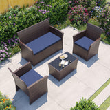 LUCIMUNDI 4 Piece Outdoor Patio Furniture Set, All-Weather Wicker Conversation Sets Include Coffee Table, Armchair, Loveseat, Sectional Furniture for Indoor Outdoor Backyard Pool Garden (Brown & Blue) LUCIMUNDI