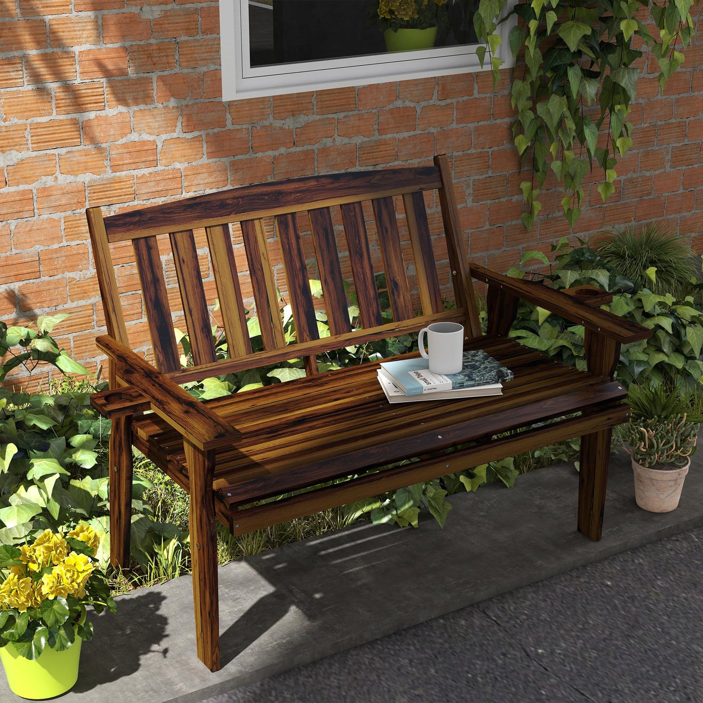 Outsunny Carbonized Wood 2-Person Garden Bench with Cupholder Armrests - WoodArtSupply