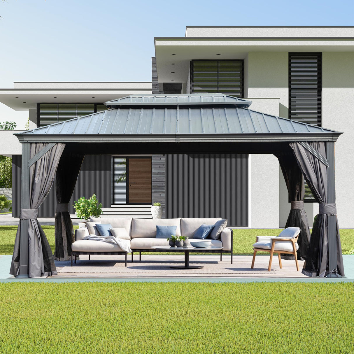 Domi 12' X 14' Hardtop Gazebo, Upgraded Metal Gazebo with Drainage System, Dual-Layer Galvanized Steel Roof, Curtain and Netting, Outdoor Shelter Canopy for Patio, Garden, and Backyard, Grey domi outdoor living