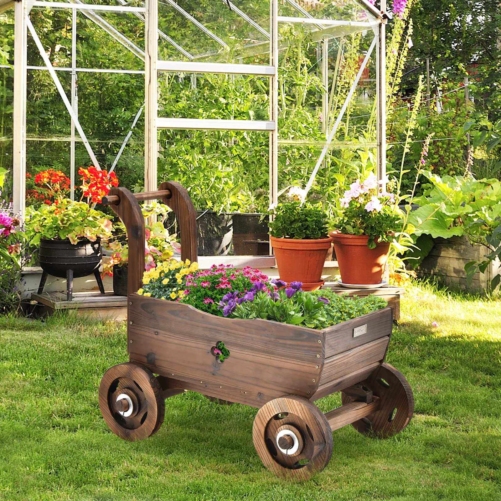 Giantex Wooden Wagon Planter Raised Bed on Wheels, Handle, Drainage Hole, Decorative Wagon Cart, Rustic Flowerpot Planter, Mobile Plant Pot Stand, Indoor & Outdoor Patio Garden Balcony - WoodArtSupply