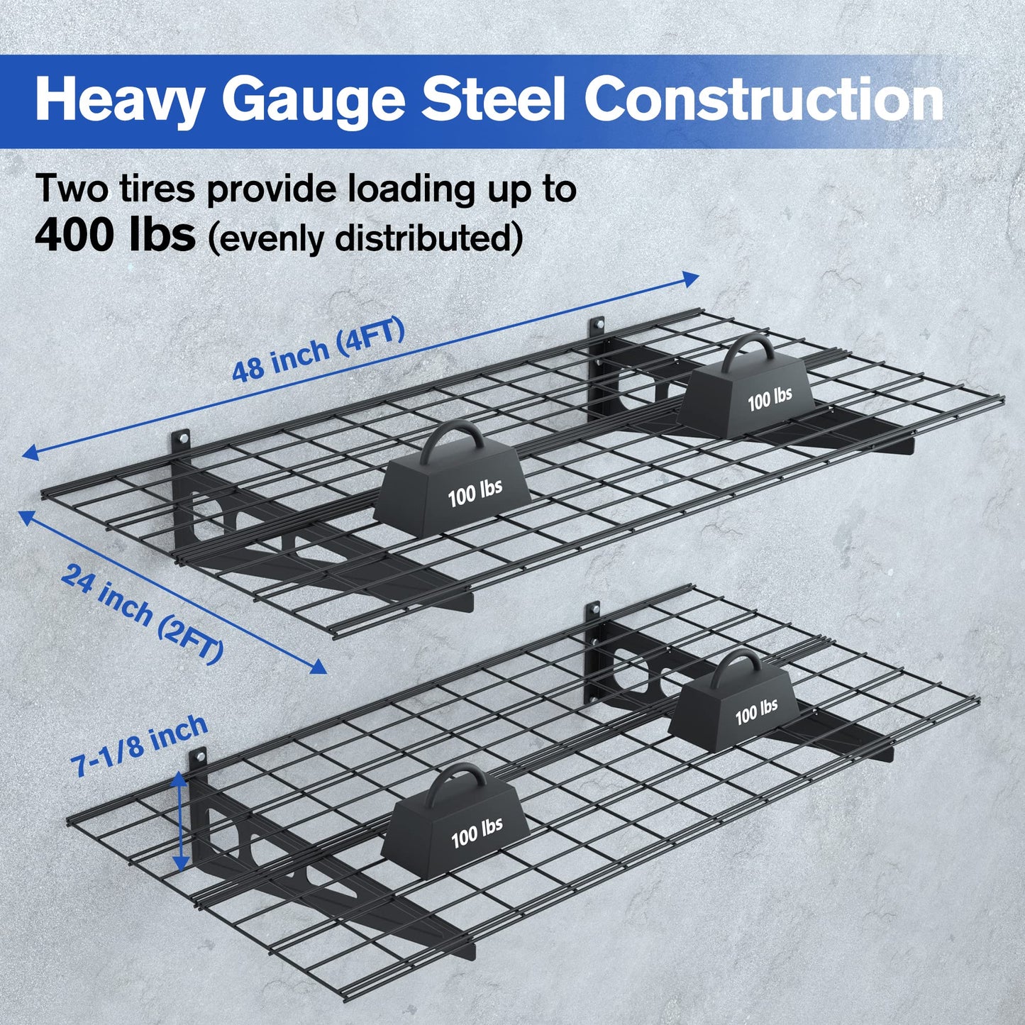 WORKPRO 2-Pack 2x4FT Garage Wall Shelving, 48” x 24” Heavy Duty Wall Mounted Shelving, 400lbs Load Capacity (Total), Metal Wall Shelves Suitable for Shop, Shed, Garage Storage, Black, 1 Sets